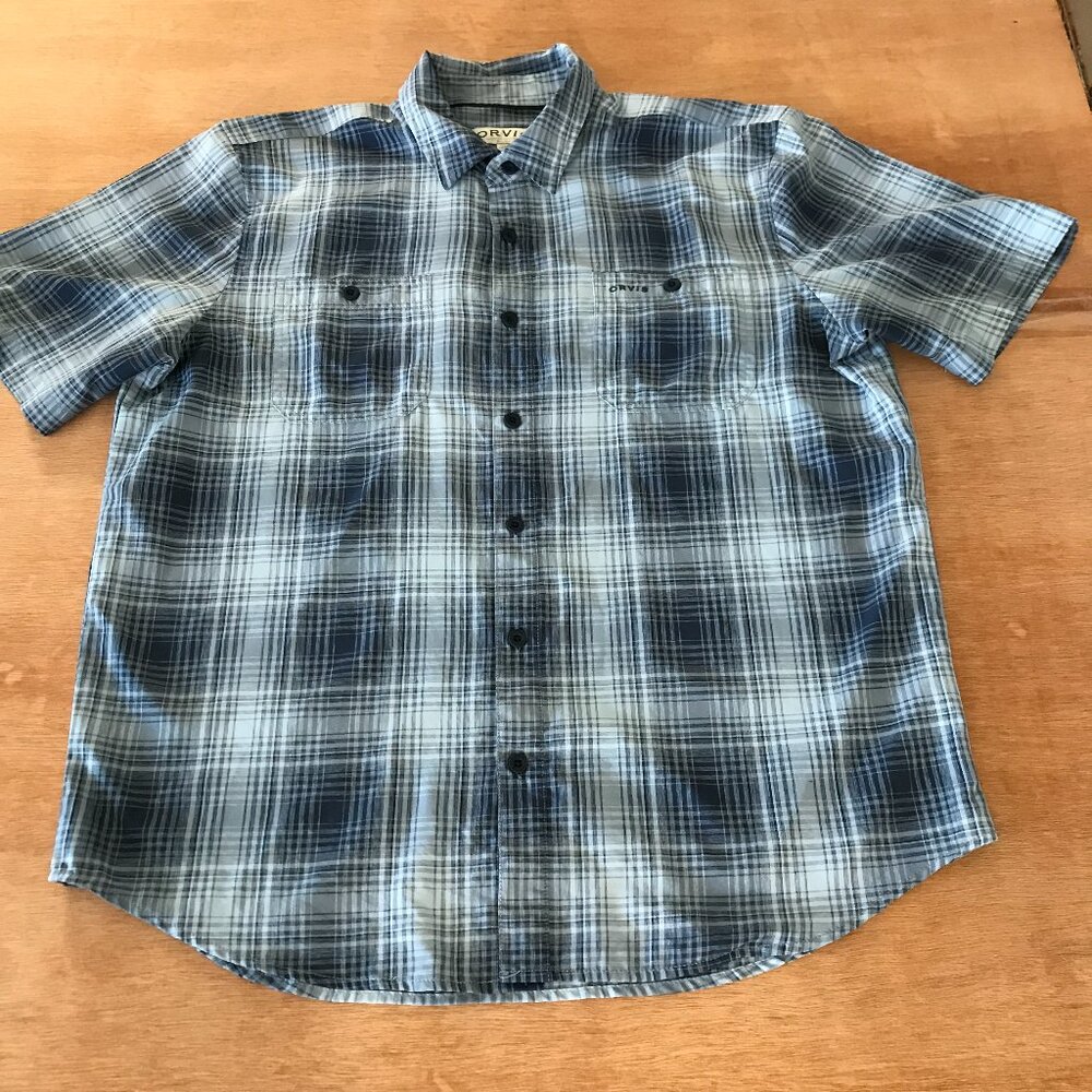 Orvis Tech Shirt Men L Gray Plaid Button Up Pocket Short Sleeve Outdoor Fishing
